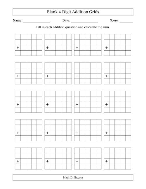 The Blank Addition Grids for 4-Digit Numbers Math Worksheet