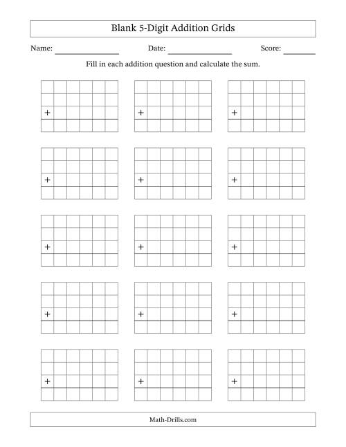 The Blank Addition Grids for 5-Digit Numbers Math Worksheet