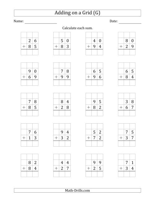 The Adding 2-Digit Plus 2-Digit Numbers on a Grid (G) Math Worksheet