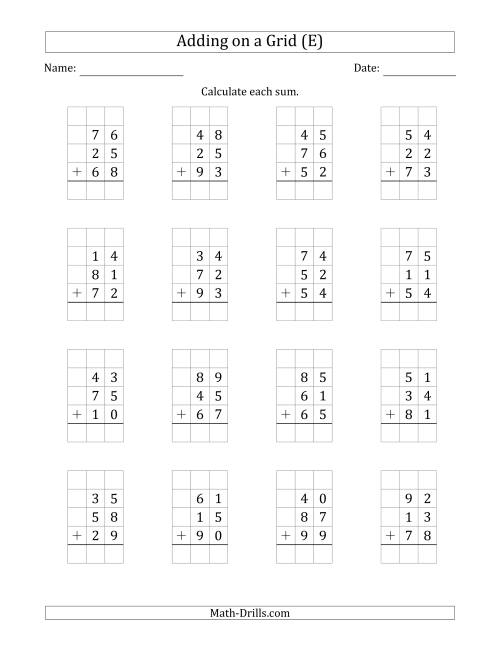 The Adding Three 2-Digit Numbers on a Grid (E) Math Worksheet