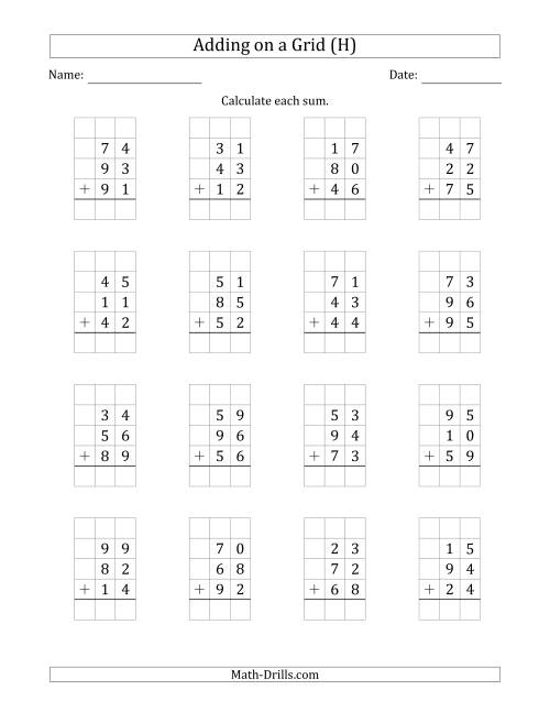 The Adding Three 2-Digit Numbers on a Grid (H) Math Worksheet
