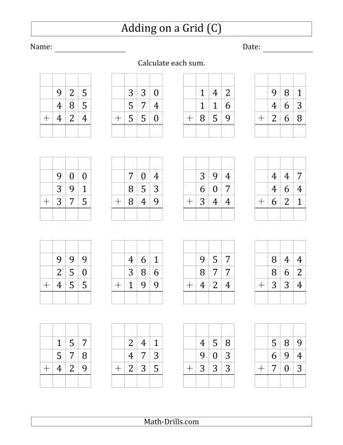 The Adding Three 3-Digit Numbers on a Grid (C) Math Worksheet