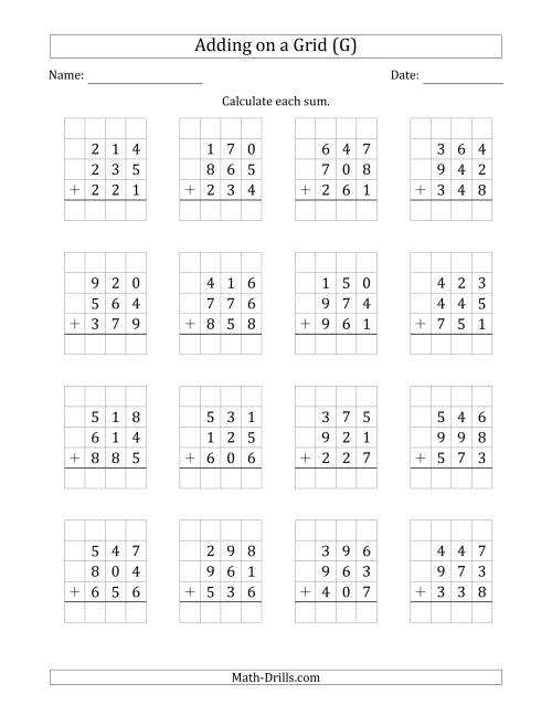 The Adding Three 3-Digit Numbers on a Grid (G) Math Worksheet
