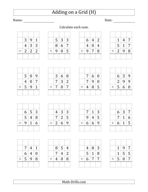 The Adding Three 3-Digit Numbers on a Grid (H) Math Worksheet