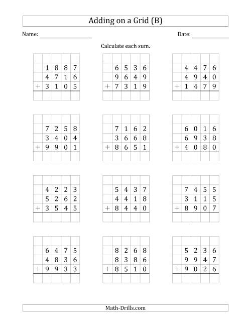 The Adding Three 4-Digit Numbers on a Grid (B) Math Worksheet