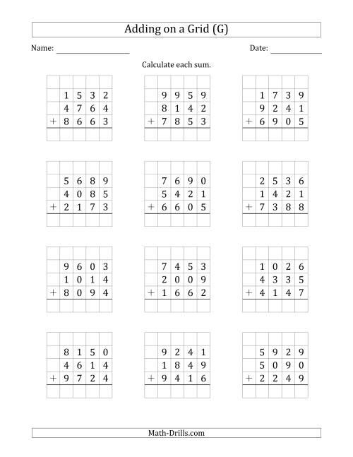 The Adding Three 4-Digit Numbers on a Grid (G) Math Worksheet
