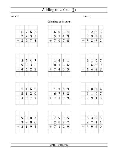 The Adding Three 4-Digit Numbers on a Grid (J) Math Worksheet