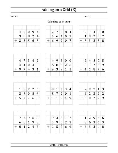 The Adding Three 5-Digit Numbers on a Grid (E) Math Worksheet