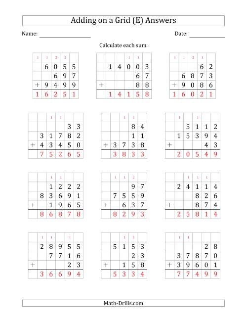 The Adding Three Various-Digit Numbers on a Grid (E) Math Worksheet Page 2