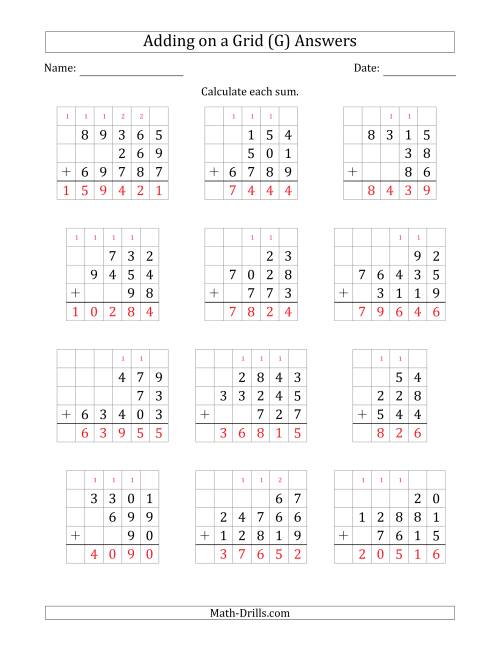 The Adding Three Various-Digit Numbers on a Grid (G) Math Worksheet Page 2