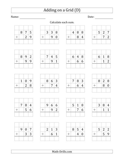 The Adding 3-Digit Plus 2-Digit Numbers on a Grid (D) Math Worksheet