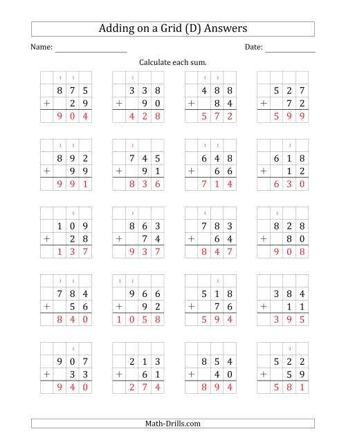 The Adding 3-Digit Plus 2-Digit Numbers on a Grid (D) Math Worksheet Page 2