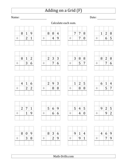 The Adding 3-Digit Plus 2-Digit Numbers on a Grid (F) Math Worksheet