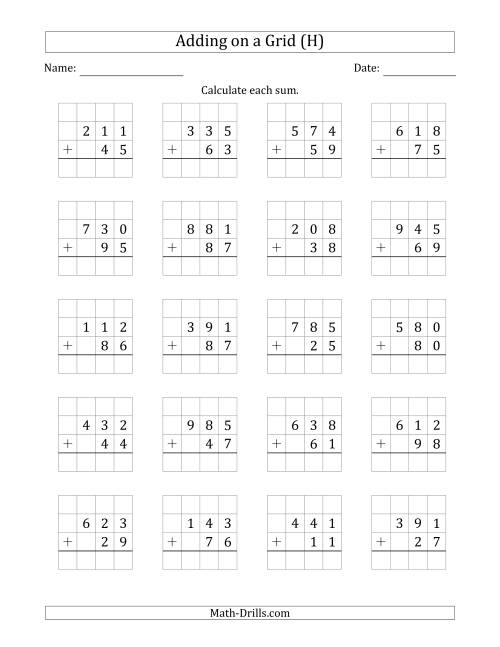 The Adding 3-Digit Plus 2-Digit Numbers on a Grid (H) Math Worksheet