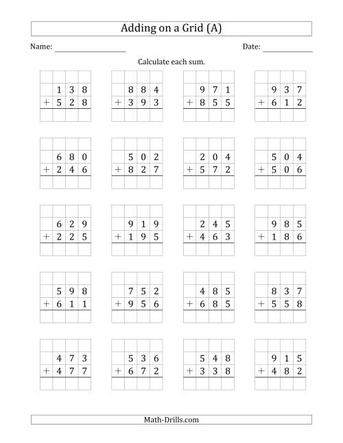 The Adding 3-Digit Plus 3-Digit Numbers on a Grid (A) Math Worksheet