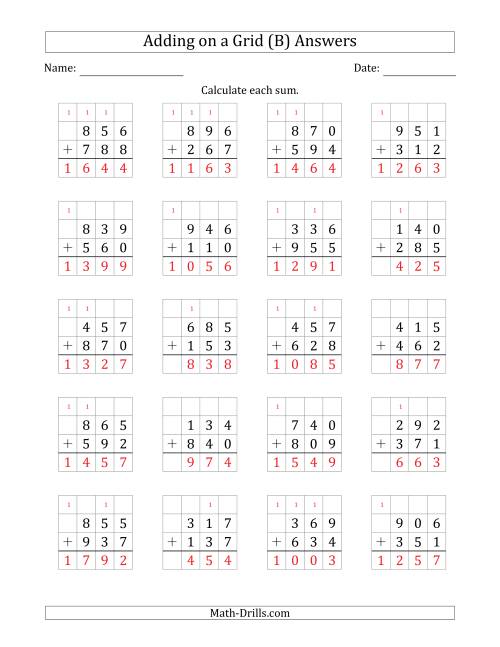 The Adding 3-Digit Plus 3-Digit Numbers on a Grid (B) Math Worksheet Page 2