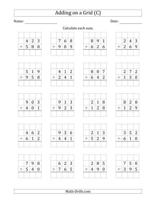The Adding 3-Digit Plus 3-Digit Numbers on a Grid (C) Math Worksheet