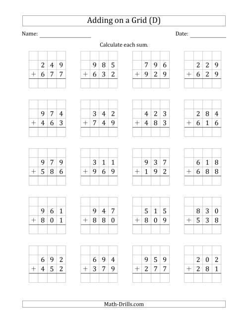 The Adding 3-Digit Plus 3-Digit Numbers on a Grid (D) Math Worksheet