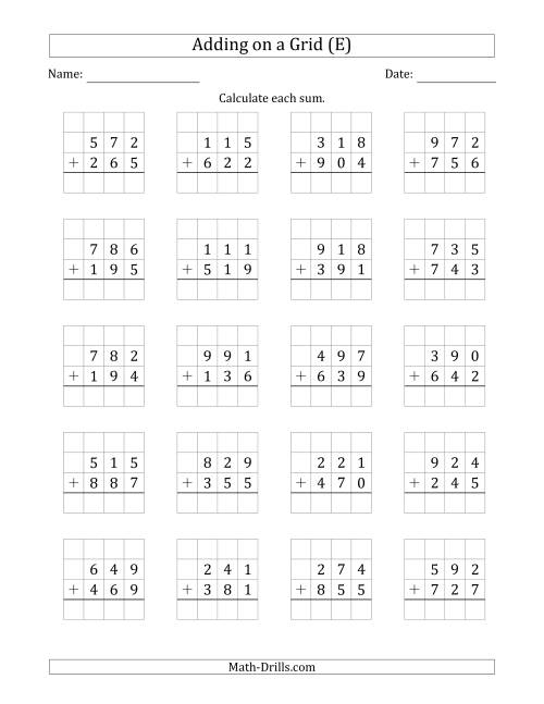 The Adding 3-Digit Plus 3-Digit Numbers on a Grid (E) Math Worksheet