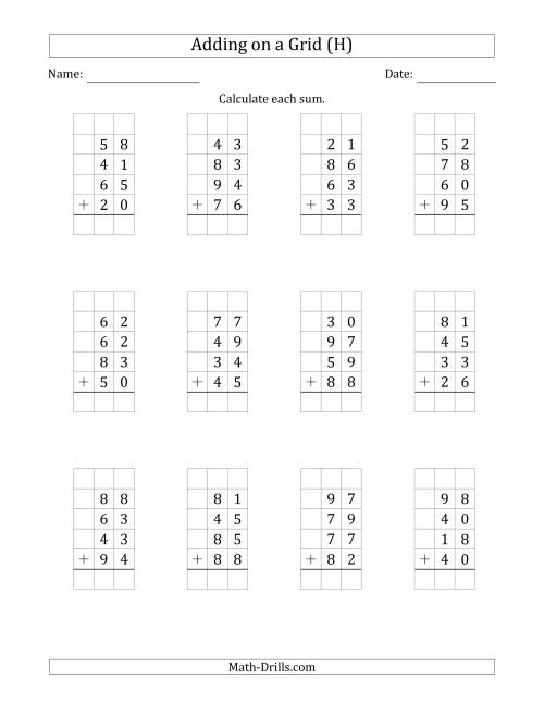 The Adding Four 2-Digit Numbers on a Grid (H) Math Worksheet