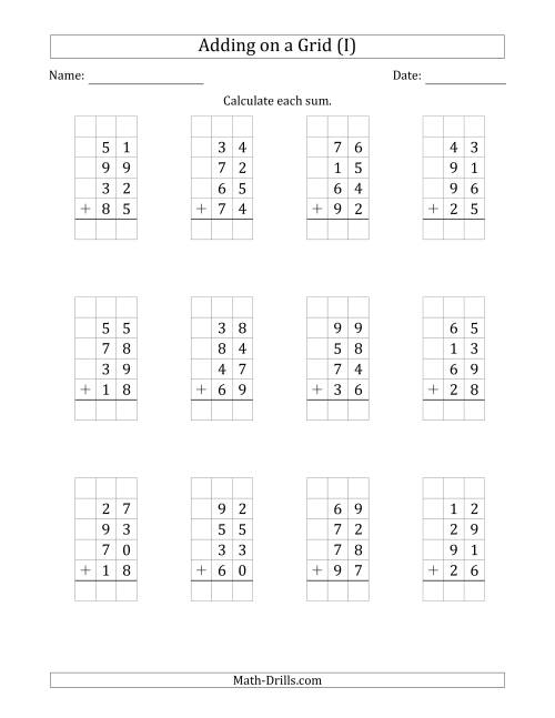 The Adding Four 2-Digit Numbers on a Grid (I) Math Worksheet
