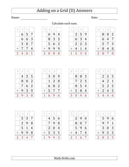 The Adding Four 3-Digit Numbers on a Grid (D) Math Worksheet Page 2