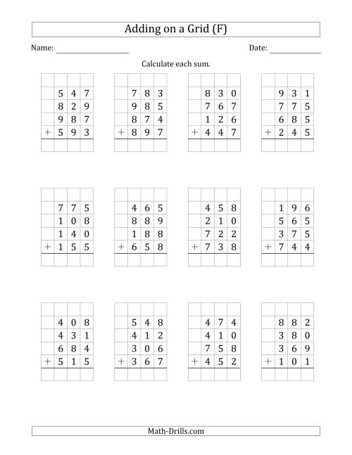 The Adding Four 3-Digit Numbers on a Grid (F) Math Worksheet