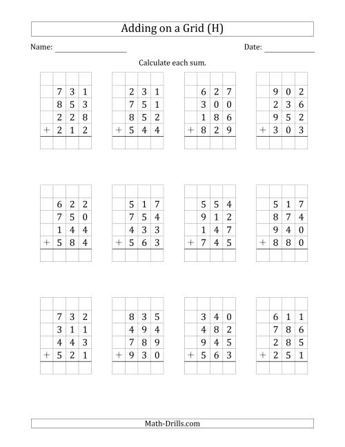 The Adding Four 3-Digit Numbers on a Grid (H) Math Worksheet