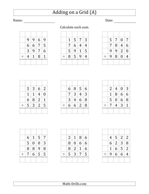 adding four 4 digit numbers on a grid a