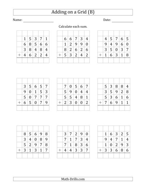 The Adding Four 5-Digit Numbers on a Grid (B) Math Worksheet