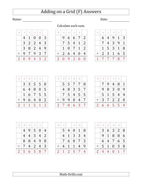 The Adding Four 5-Digit Numbers on a Grid (F) Math Worksheet Page 2