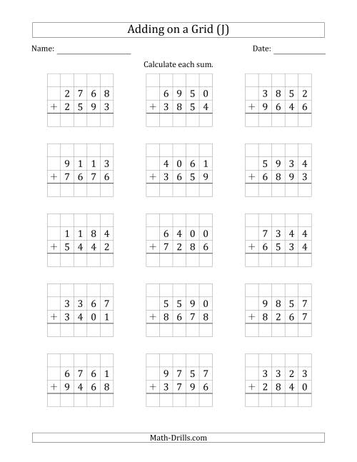 The Adding 4-Digit Plus 4-Digit Numbers on a Grid (J) Math Worksheet