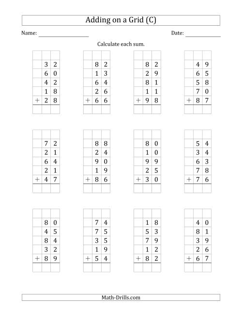 The Adding Five 2-Digit Numbers on a Grid (C) Math Worksheet
