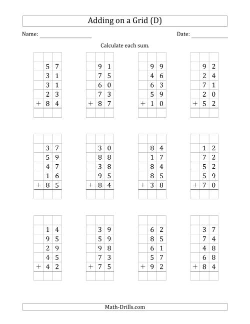 The Adding Five 2-Digit Numbers on a Grid (D) Math Worksheet