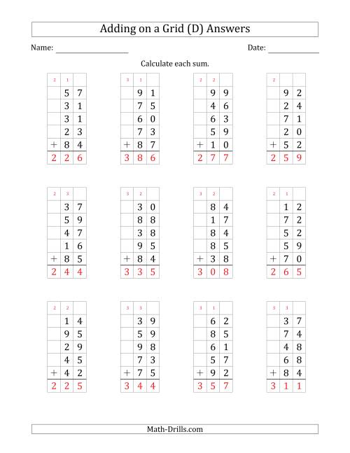The Adding Five 2-Digit Numbers on a Grid (D) Math Worksheet Page 2