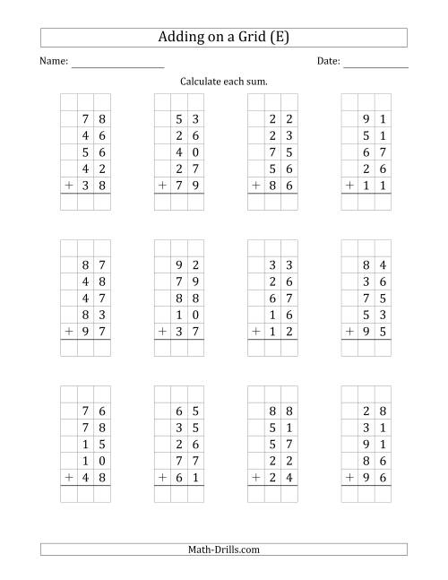 The Adding Five 2-Digit Numbers on a Grid (E) Math Worksheet