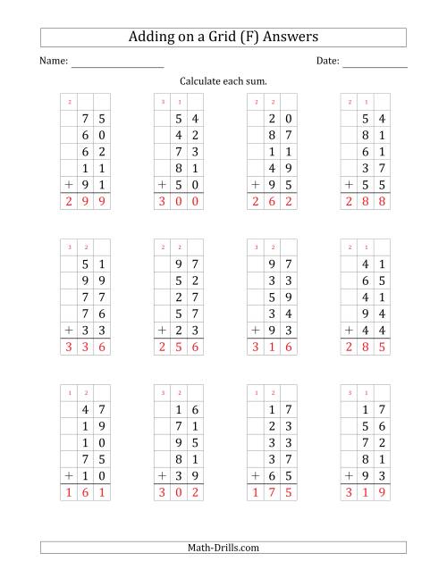 The Adding Five 2-Digit Numbers on a Grid (F) Math Worksheet Page 2