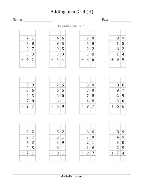 The Adding Five 2-Digit Numbers on a Grid (H) Math Worksheet