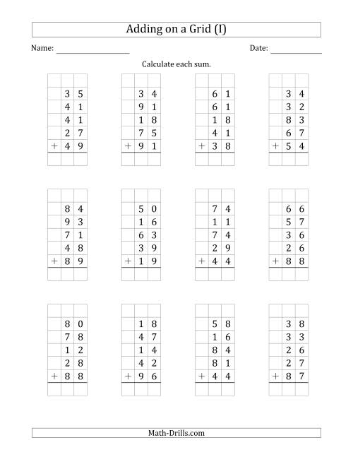The Adding Five 2-Digit Numbers on a Grid (I) Math Worksheet