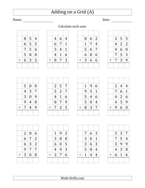 The Adding Five 3-Digit Numbers on a Grid (A) Math Worksheet