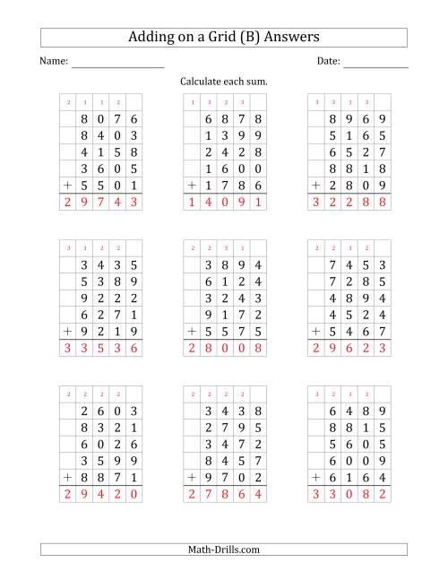 The Adding Five 4-Digit Numbers on a Grid (B) Math Worksheet Page 2