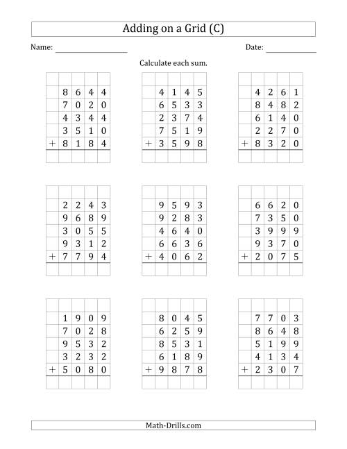 The Adding Five 4-Digit Numbers on a Grid (C) Math Worksheet