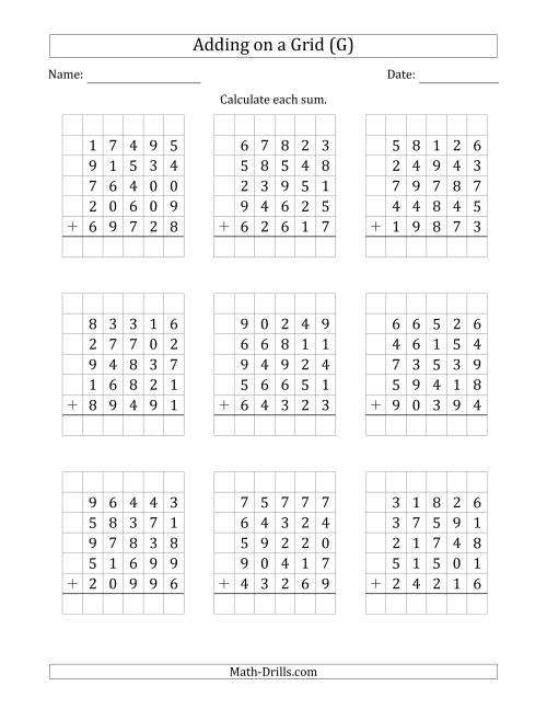 The Adding Five 5-Digit Numbers on a Grid (G) Math Worksheet