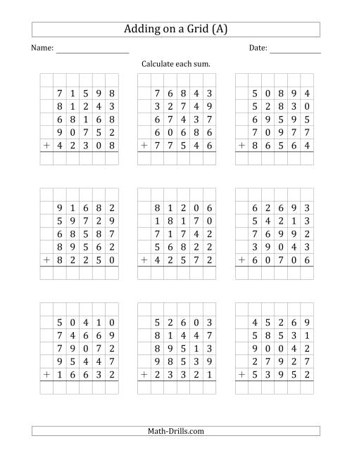 The Adding Five 5-Digit Numbers on a Grid (All) Math Worksheet
