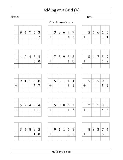 The Adding 5-Digit Plus 2-Digit Numbers on a Grid (All) Math Worksheet