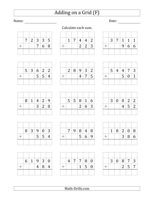 The Adding 5-Digit Plus 3-Digit Numbers on a Grid (F) Math Worksheet