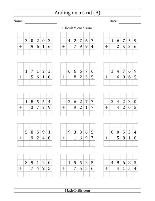 The Adding 5-Digit Plus 4-Digit Numbers on a Grid (B) Math Worksheet