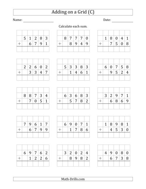 The Adding 5-Digit Plus 4-Digit Numbers on a Grid (C) Math Worksheet