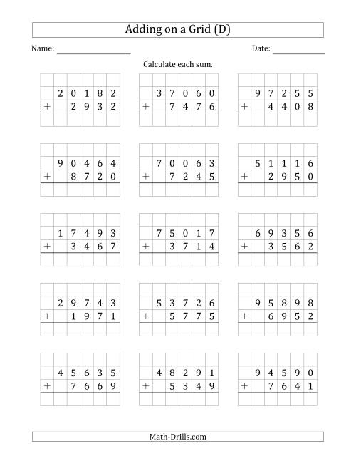 The Adding 5-Digit Plus 4-Digit Numbers on a Grid (D) Math Worksheet