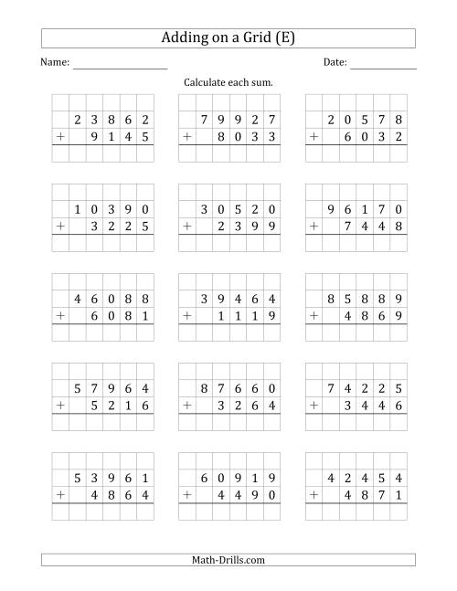 The Adding 5-Digit Plus 4-Digit Numbers on a Grid (E) Math Worksheet